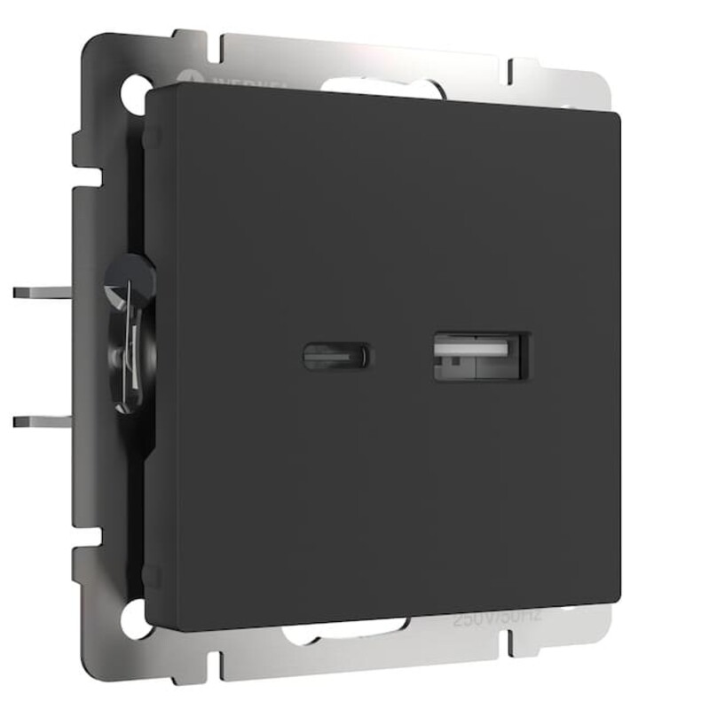 Розетка зарядное устройство USB 2 разъёма тип - A/тип - C. Цвет Чёрный матовый. Werkel(Веркель). Встраиваемые механизмы. W1171808 / a049280