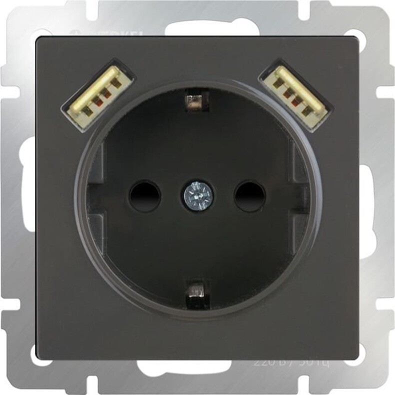 Розетка электрическая с USB зарядкой 2К+З/2хUSB тип А, с заземлением и шторками - 16 А - 250 В~. Цвет Серо - коричневый. Werkel(Веркель). Встраиваемые механизмы. WL07-SKGS-USBx2-IP20 / a036332