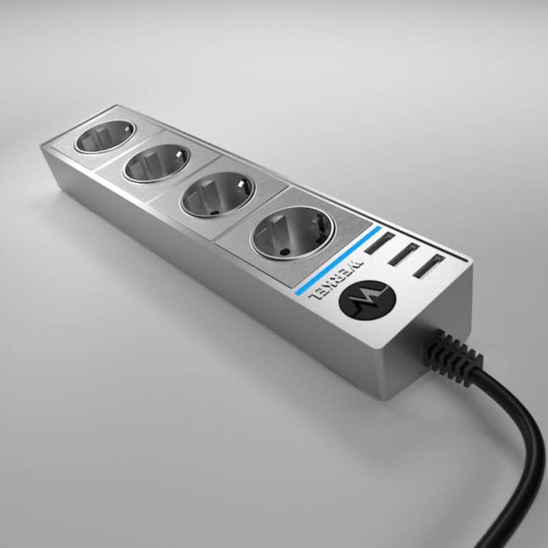 Розеточный блок 4-х местный с USB зарядкой тип А 4х2К+З/3хUSB провод 1,7 м. Цвет Серебряный / серебряный рифлёный. Werkel(Веркель). W6514945 / a039976