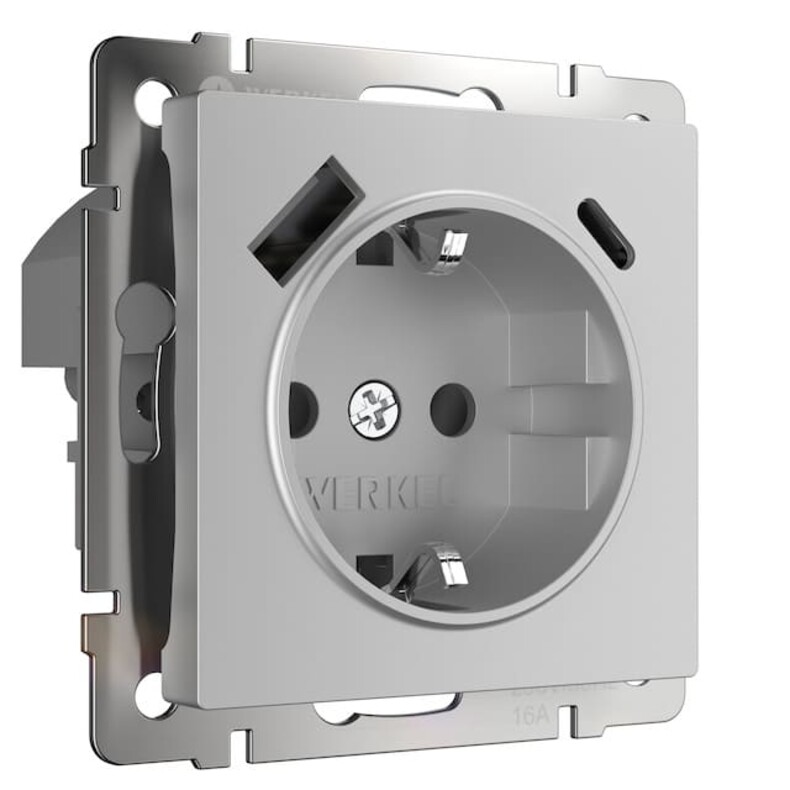 Розетка электрическая с USB зарядкой 2К+З/2хUSB тип А / C, с заземлением и шторками - 16 А - 250 В~. Цвет Серебряный. Werkel(Веркель). Встраиваемые механизмы. W1171706 / a056274